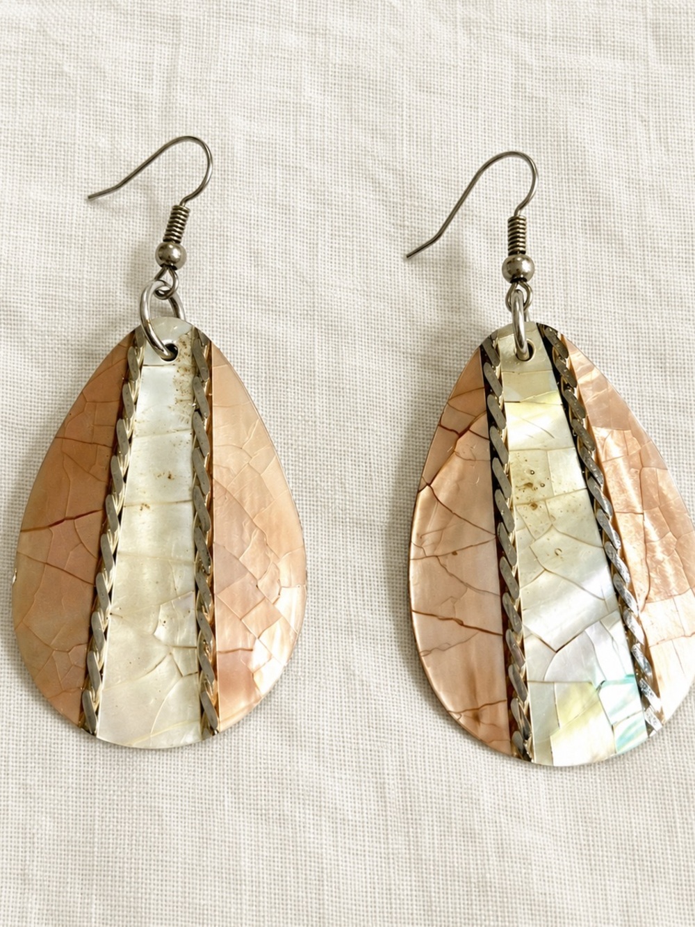 CaliGirl Layered Mother of Pearl Shell Drop Earrings Peach Ivory Boho Dangle